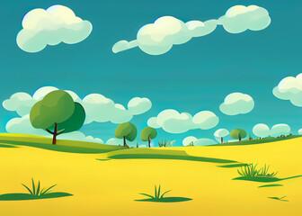 Fototapeta na wymiar abstract cartoon style of pastoral rural landscape, illustration of yellow field, green trees and blue sky with fluffy clouds created with generative ai technology