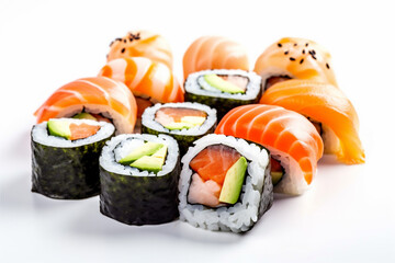 food sushi healthy roll set background japanese white rice seafood fish. Generative AI.