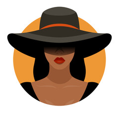 Vector Background. Beautiful Young African American Black Woman with Black Hair, Closed Face with Big Hat, Wide Margins Covering Her Face, Flat Style. Solidarity People, Womens Rights Concept
