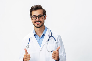 Man doctor in white coat listening to lungs and heart with stethoscope with teeth smile on white isolated background, copy space, space for text, health