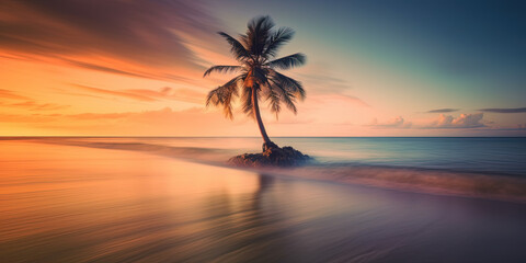 Beautiful bright sunset on a tropical paradise beach. Tranquil summer vacation or holiday landscape. Tropical sunset beach view with palm over calm sea water, Exotic nature view. Generative AI.