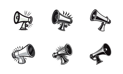 Set of megaphone icons in flat black color isolated on white background