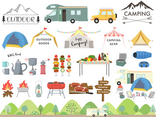 アウトドアのイラストセット（キャンプ　BBQ　バーベキュー　テント）