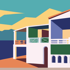 illustration of houses with sea view in front of the beach vibrant colors illustration, stylish vector art, gradients, vibrant colors, graphic design