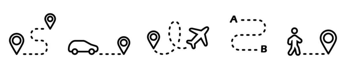Conjunto de iconos de rutas. Diferentes tipos de rutas o trayectoria, viaje. Transporte aéreo, terrestre, punto a y b, caminar, punto de ubicación. Ilustración vectorial - obrazy, fototapety, plakaty