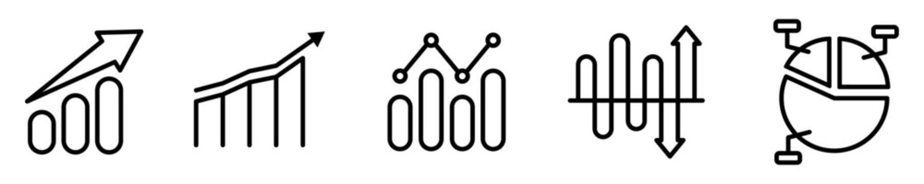 Conjunto de iconos de gr&aacute;ficos de estad&iacute;sticas. An&aacute;lisis de datos, ganancias. Gr&aacute;fico en barras y circular, crecimiento y decrecimiento. Finanzas. Ilustraci&oacute;n vectorial