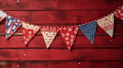 Patriotic American Themed Fourth of July Bunting Decoration Flat Lay - on Aged Red Wood Backdrop with Copy Space - 4th of July Crafts - Cloth in USA Red, White, and Blue Flag Colors - Generative AI