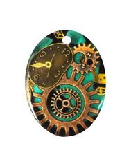 Steampunk style epoxy resin pendant with cogwheels and timepiece. Fashion jewelry, handicraft.