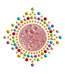 Isolated multicolored pattern of flowers and rhinestones, decorative stickers, greeting card. 