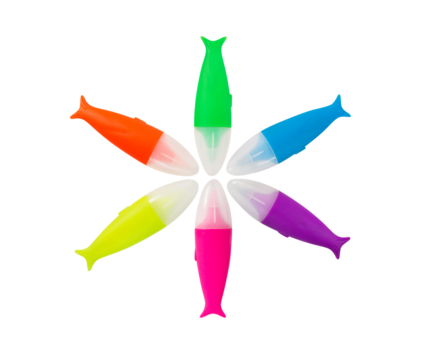 Six mini multicolored fish shaped magic markers lying in flower shape