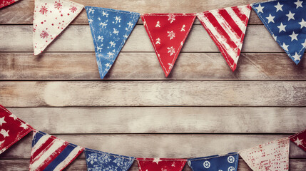 Fototapeta premium Patriotic American Themed Fourth of July Bunting Decoration Flat Lay - on Aged White Wood Backdrop with Copy Space - 4th of July Crafts - Cloth in USA Red, White, and Blue Flag Colors - Generative AI