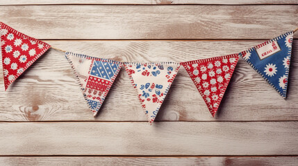 Obraz premium Patriotic American Themed Fourth of July Bunting Decoration Flat Lay - on Aged White Wood Backdrop with Copy Space - 4th of July Crafts - Cloth in USA Red, White, and Blue Flag Colors - Generative AI