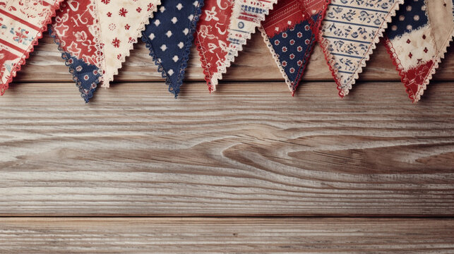 Patriotic American Themed Fourth of July Bunting Decoration Flat Lay - on Aged White Wood Backdrop with Copy Space - 4th of July Crafts - Cloth in USA Red, White, and Blue Flag Colors - Generative AI