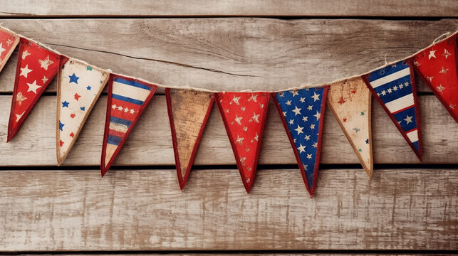 Patriotic American Themed Fourth of July Bunting Decoration Flat Lay - on Aged White Wood Backdrop with Copy Space - 4th of July Crafts - Cloth in USA Red, White, and Blue Flag Colors - Generative AI
