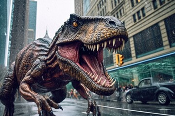 Wild Tyrannosaurus Rex in the City. Generative AI