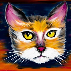 Cute hand drawn cat face. Portrait of black cat. Colorful oil painting digital imitation in abstract pop art style.