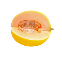 sliced japanese melons, orange melon or cantaloupe melon with seeds isolated transparent png