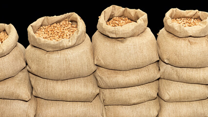 Pile of sacks in a row ful with wooden pellets - generative ai