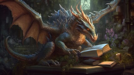 A dragon reading surrounded by books. Generative AI.  - obrazy, fototapety, plakaty