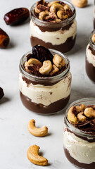 Cashew and dates vegan tiramisu with chocolate in portion jars. Healthy lifestyle no bake dessert close up - generative ai