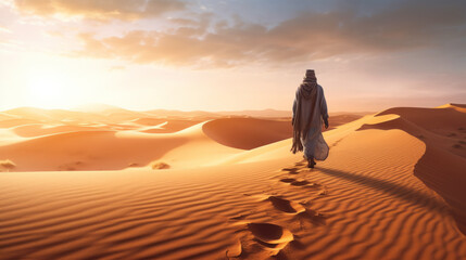 A lone traveler crossing a vast desert landscape leaving footprints in the sand. Generative ai