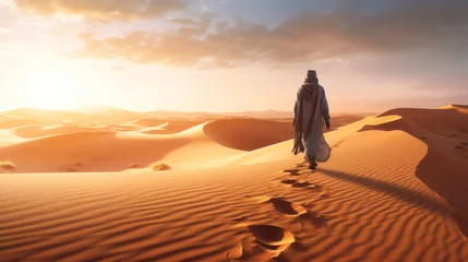 Fotobehang Warm oranje A lone traveler crossing a vast desert landscape leaving footprints in the sand. Generative ai