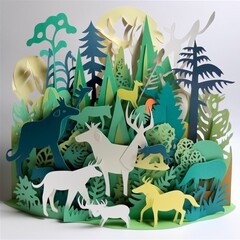 Paper Cutouts of Endangered Animals Against Backdrop of Lush Green Forest, Emphasizing Habitat Protection