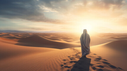 Fototapeta na wymiar A lone figure standing in the vast expanse of the desert landscape. Generative ai