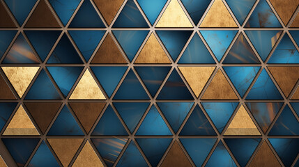 A geometric patterned wall with blue and gold triangles. Generative ai