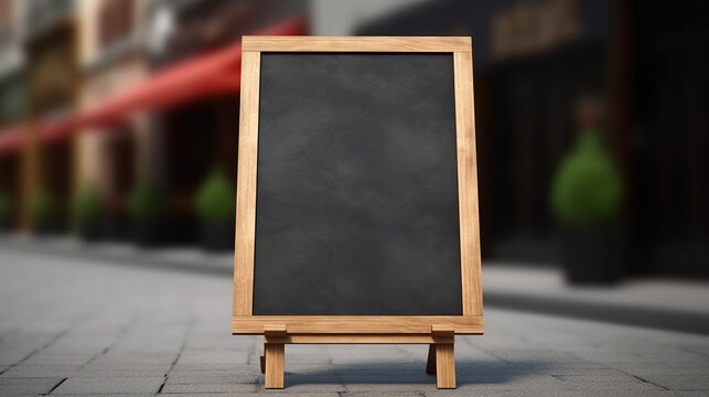 A chalkboard sign on a city sidewalk advertising a local business or event. Generative ai