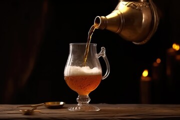 Glass of beer on the table. Generative AI