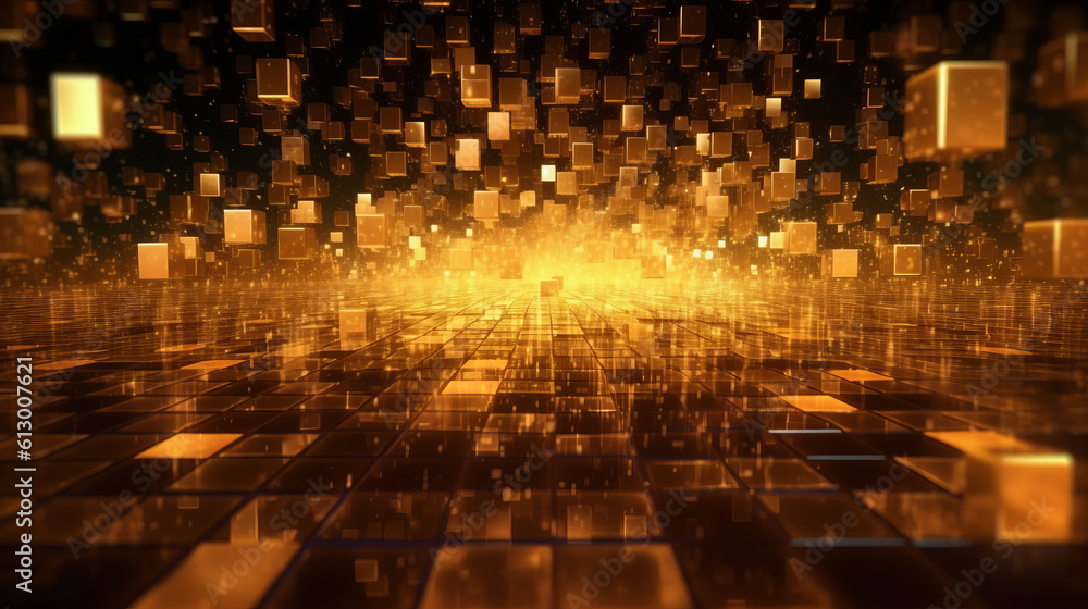 Poster an abstract background with glowing cubes and lights. generative ai