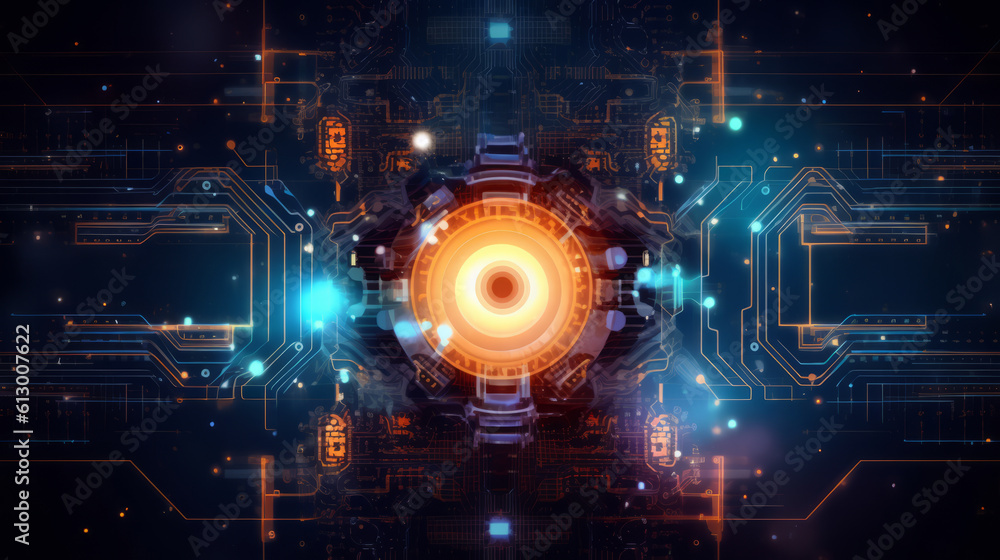 Poster a futuristic circular device with glowing lights. generative ai