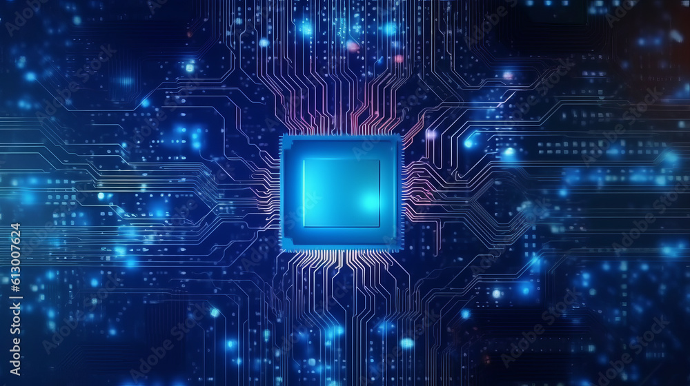 Poster a computer circuit board with a blue square on it. generative ai