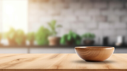 A rustic wooden bowl resting on a wooden table. Generative ai