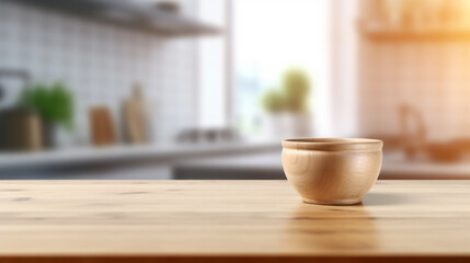 A rustic wooden bowl resting on a wooden table surface. Generative ai