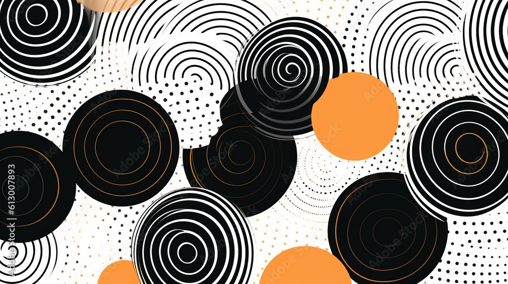 Poster an abstract black and white background with orange circles. generative ai