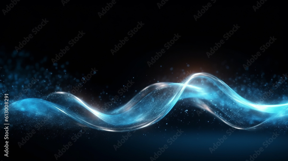 Poster A flowing blue wave of light on a dark background. Generative ai