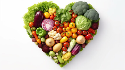A heart-shaped vegetable arrangement on a white background. Generative ai