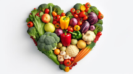 A heart-shaped arrangement of fresh fruits and vegetables. Generative ai