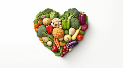 A heart-shaped vegetable arrangement on a white background. Generative ai