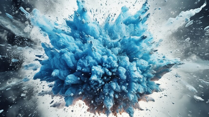 A blue liquid splashing and forming droplets in mid-air. Generative ai - obrazy, fototapety, plakaty