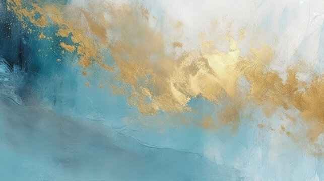 An abstract painting featuring gold and blue hues. Generative ai