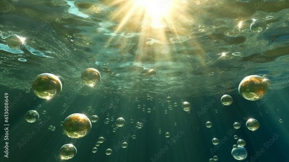 Poster colorful bubbles floating in water. generative ai