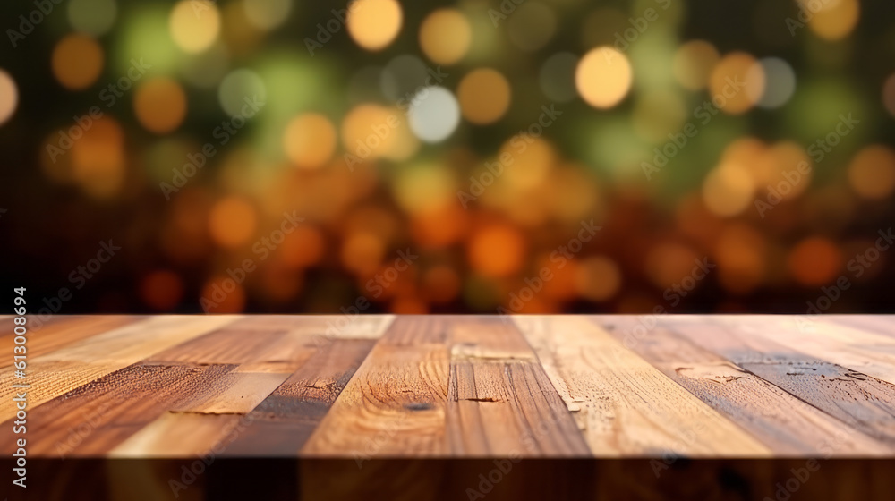 Poster a wooden table top with bokeh lights in the background. generative ai