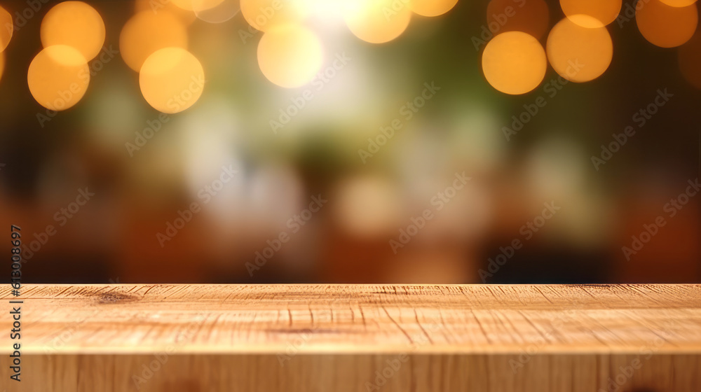 Poster a wooden table top with bokeh lights in the background. generative ai