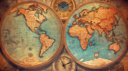 Fototapeta na wymiar Two clocks displaying different time zones with a world map in the background. Generative ai