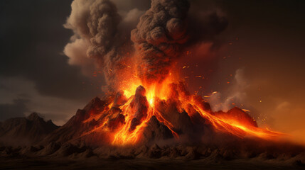 A massive volcano erupting with lava flowing down its sides. Generative ai