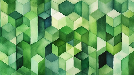 Obraz premium A geometric abstract painting with green squares and rectangles. Generative ai