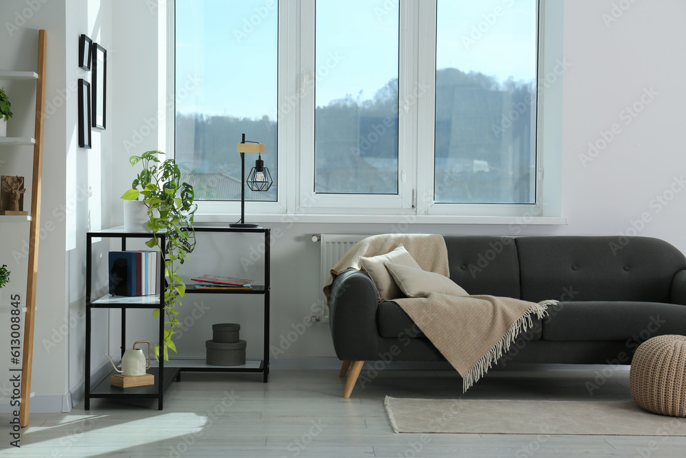 Poster Stylish living room with couch and houseplants near window. Interior design